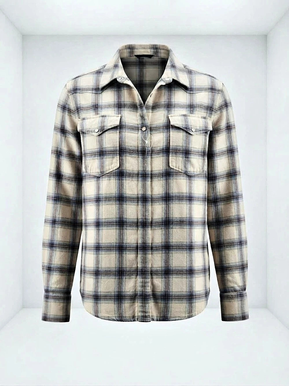 American Eagle Outfitters Plaid Snap-Front Shirt in Cream & Blue Size Large